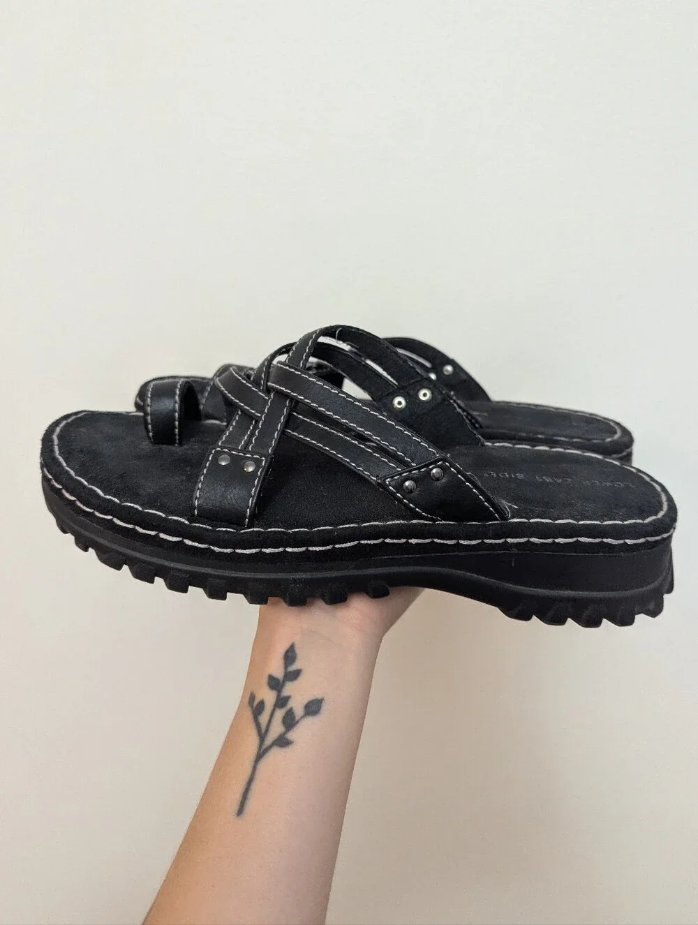 Vintage 90s Lower East Side Chunky Platform Strappy Slide Sandals Black Leather